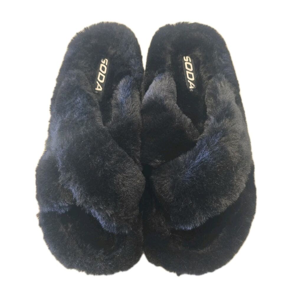 Criss Cross Open Toe Furry Slippers Flat Slide Sandals Soda Engage-S Size 8 - Picture 2 of 3